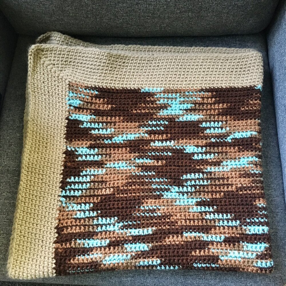 Hand Crocheted Variegated Multi-Colored Brown Tan Blue Square Lap Blanket